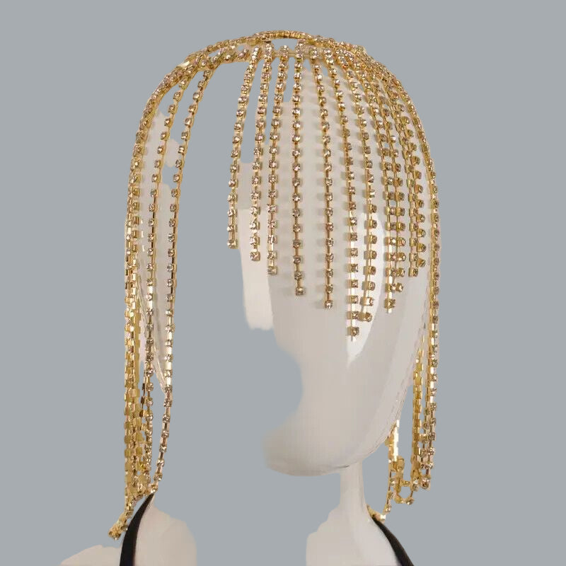 Tassel Rhinestone Cap Headpiece Flapper Golden & Crystal Head Chain Jewelry