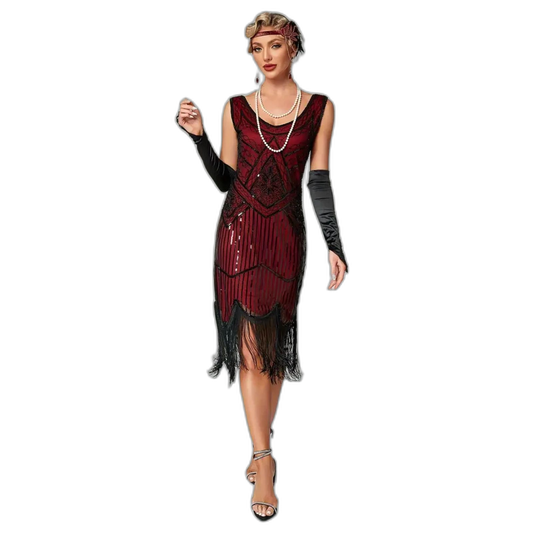 Sequined Fringe Hem Tank Dress Vintage Sleeveless Bodycon Dress Black&Red XXL 14