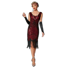 Load image into Gallery viewer, Sequined Fringe Hem Tank Dress Vintage Sleeveless Bodycon Dress Black&amp;Red XXL 14
