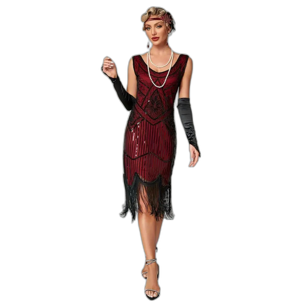 Sequined Fringe Hem Tank Dress Vintage Sleeveless Bodycon Dress Black&Red XXL 14