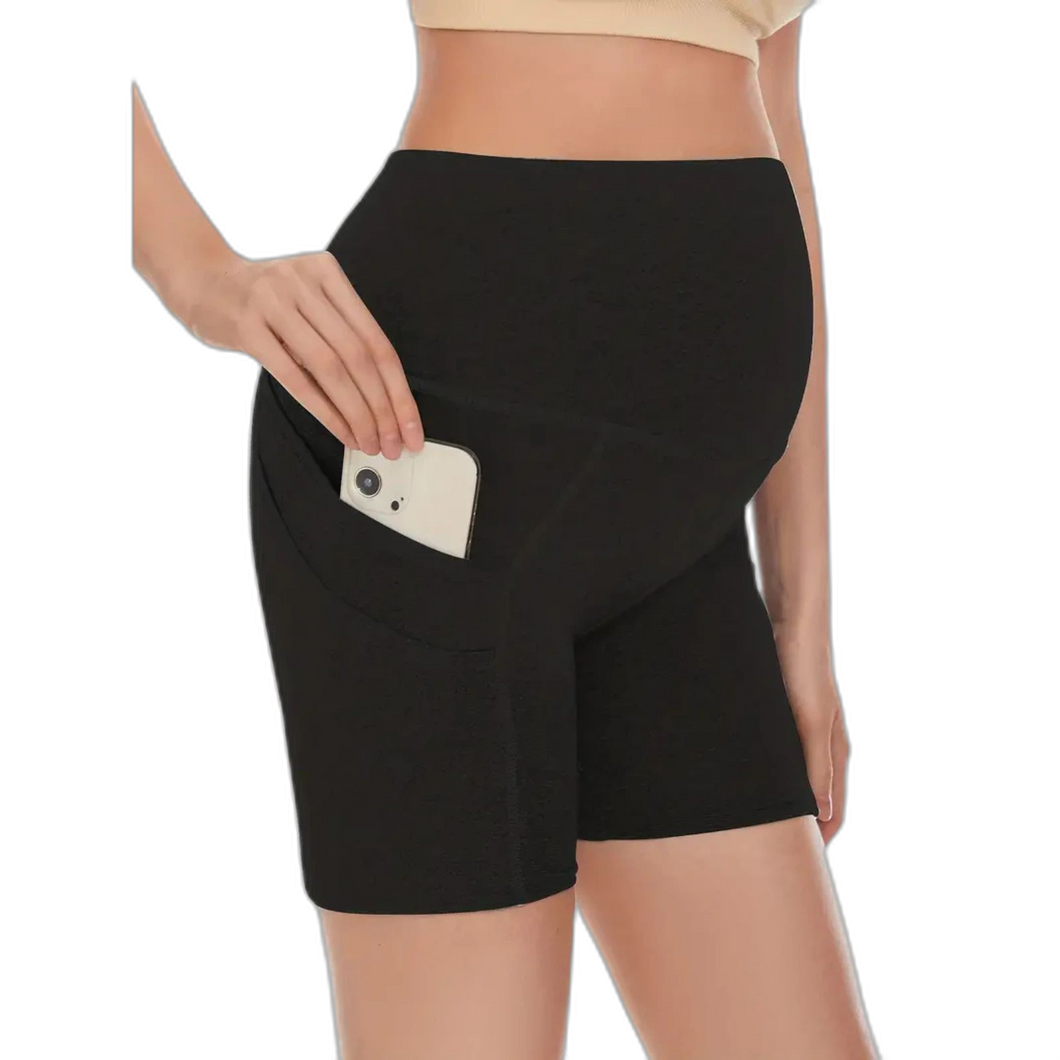Maternity Solid High Waist Shorts Slim Fit Elastic Shorts Pregnant Black Medium