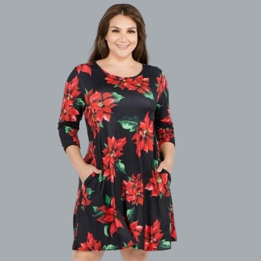 Black / Poinsettia 3/4 Sleeve Christmas Dress 3X