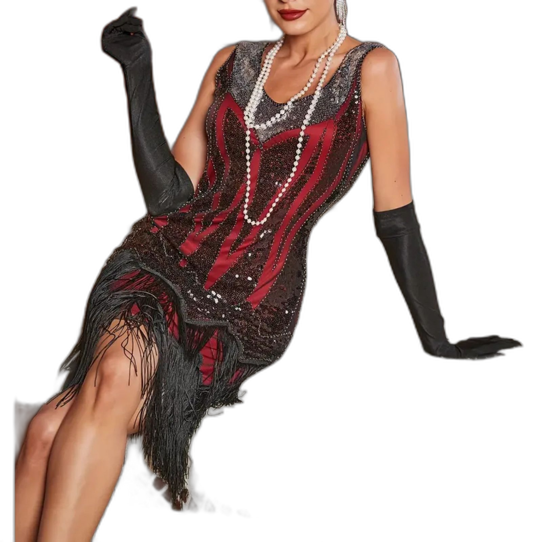 Women's Sequin Fringe Hem Flapper Dress - V Neck Sleeveless Party Dress Size 14