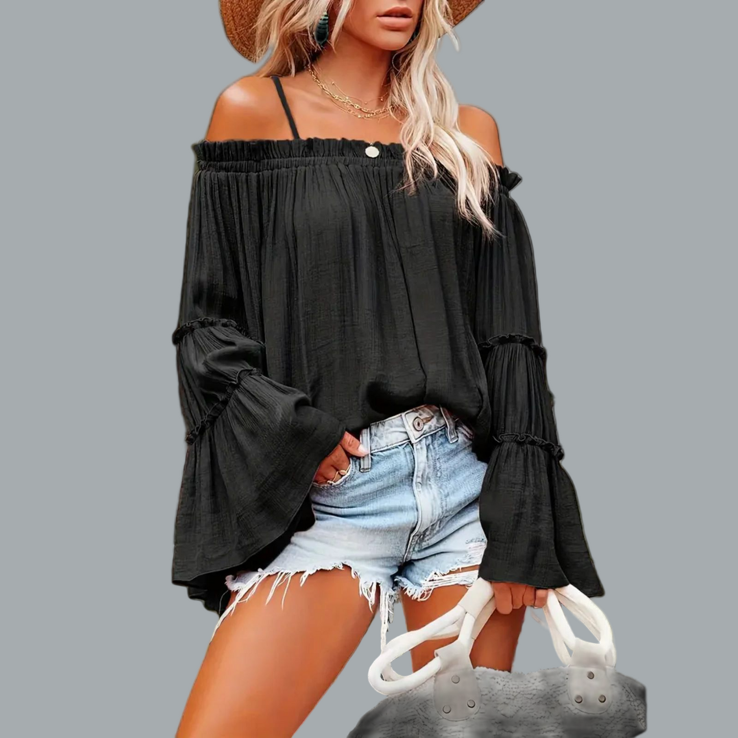 Ruched Spaghetti Strap Blouse Cold Shoulder Blouse Black Size 14