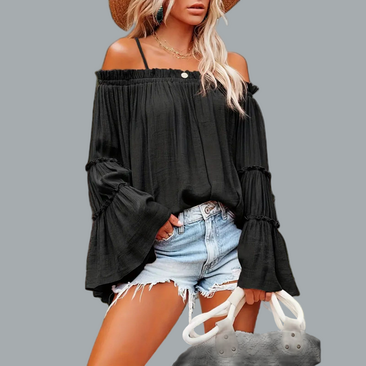 Ruched Spaghetti Strap Blouse Cold Shoulder Blouse Black Size 14