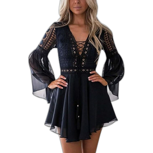 Lace Boho Dress Crochet High Waisted Solid Elegent Ruffle Short Dress Black Sm