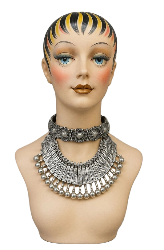Retro Double Silver-Tone Necklace – Ethnic Statement Ren Faire Collar