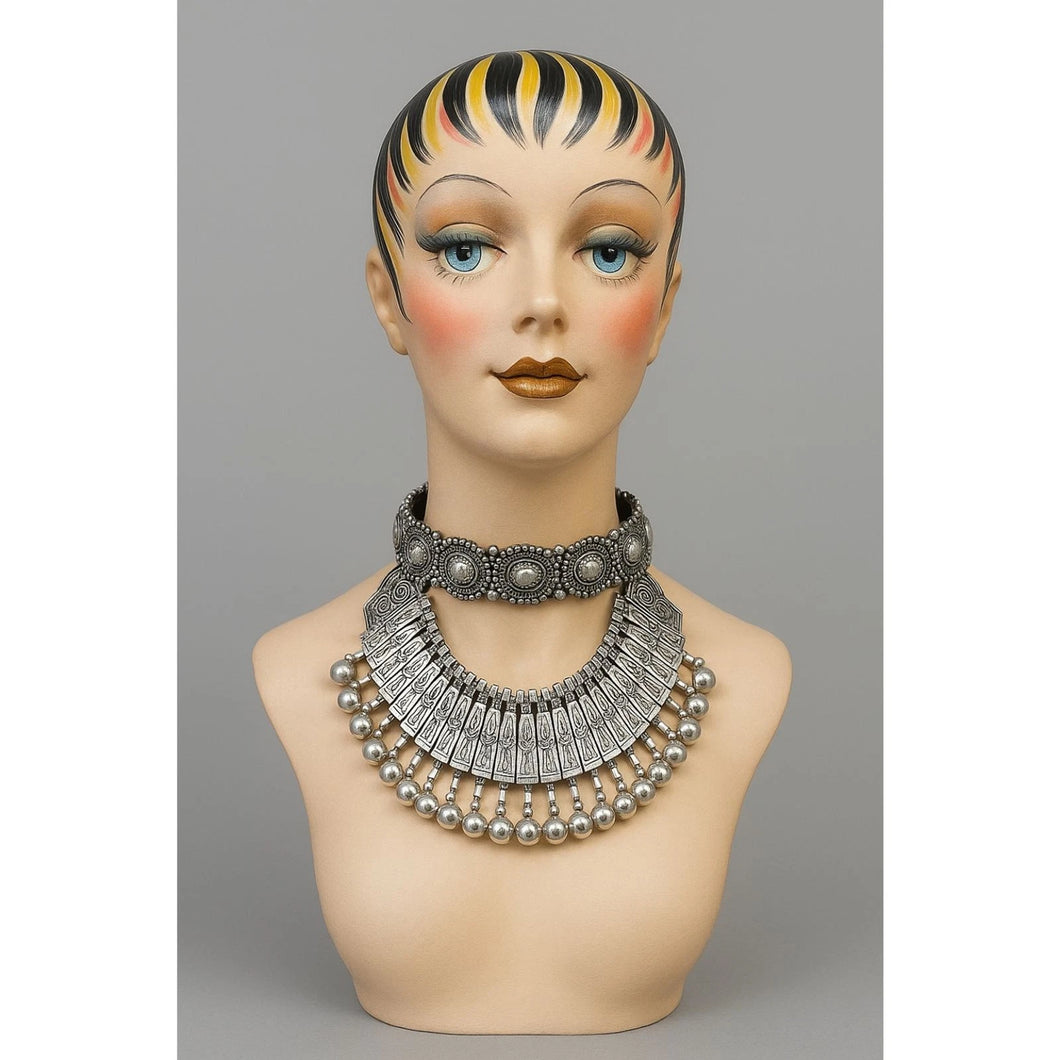 Retro Double Silver-Tone Necklace – Ethnic Statement Ren Faire Collar
