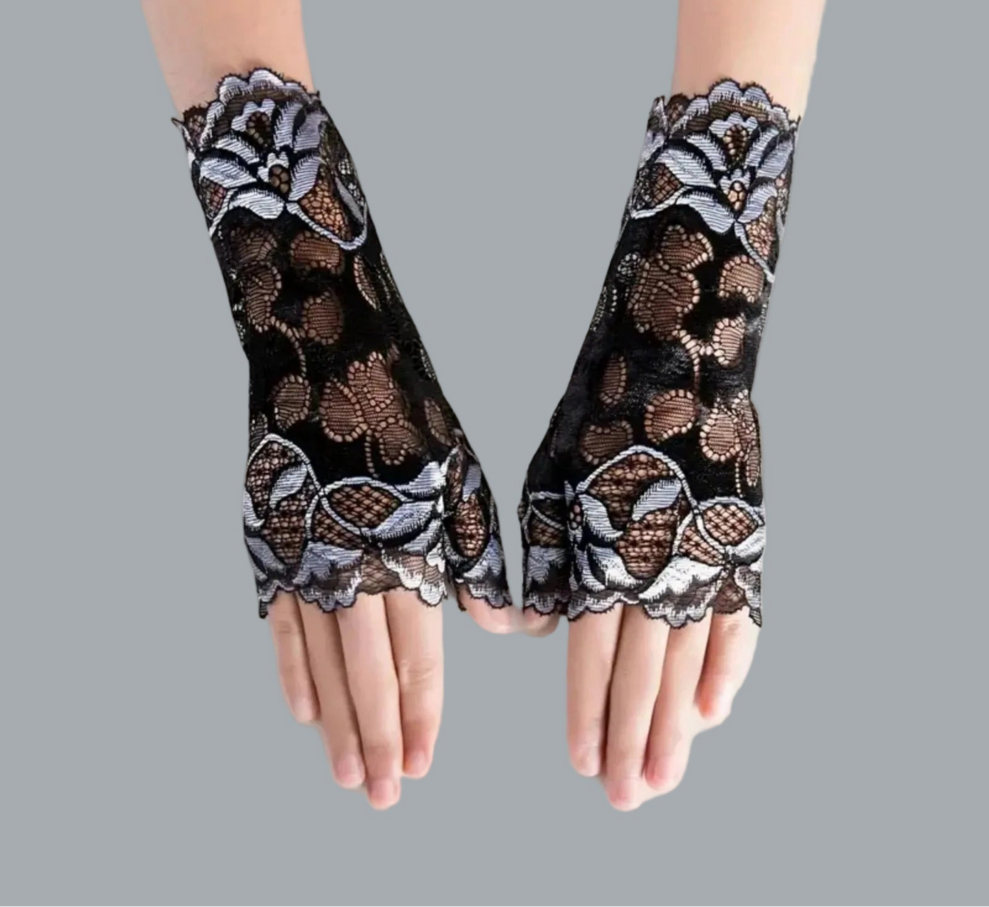 Elegant Lace Fingerless Gloves for Women Black & Gray