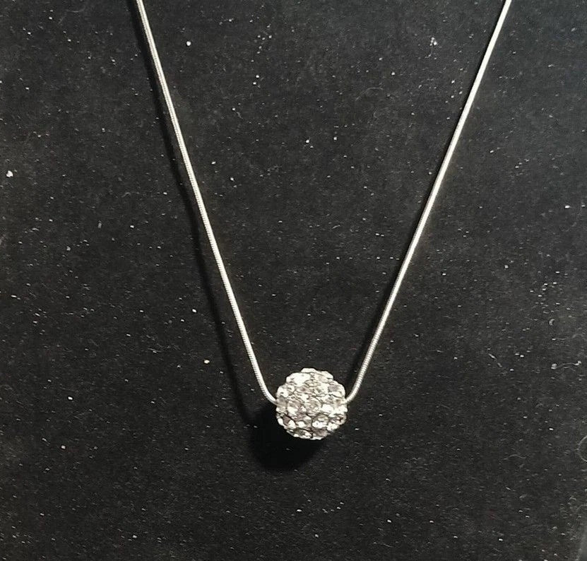 Lane Bryant Silvertone Pave Rhinestone Ball Pendant Necklace 20" + Ext