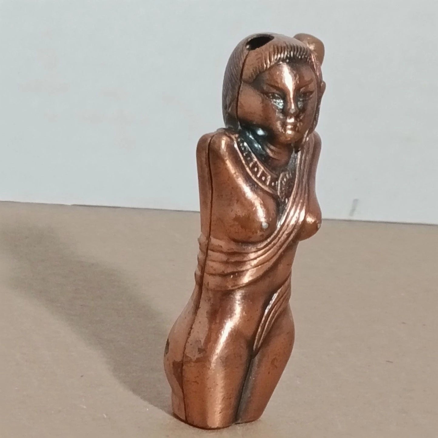 Vintage Nude Lady Butane Lighter 3in Copper Tone Art Deco Pin-Up