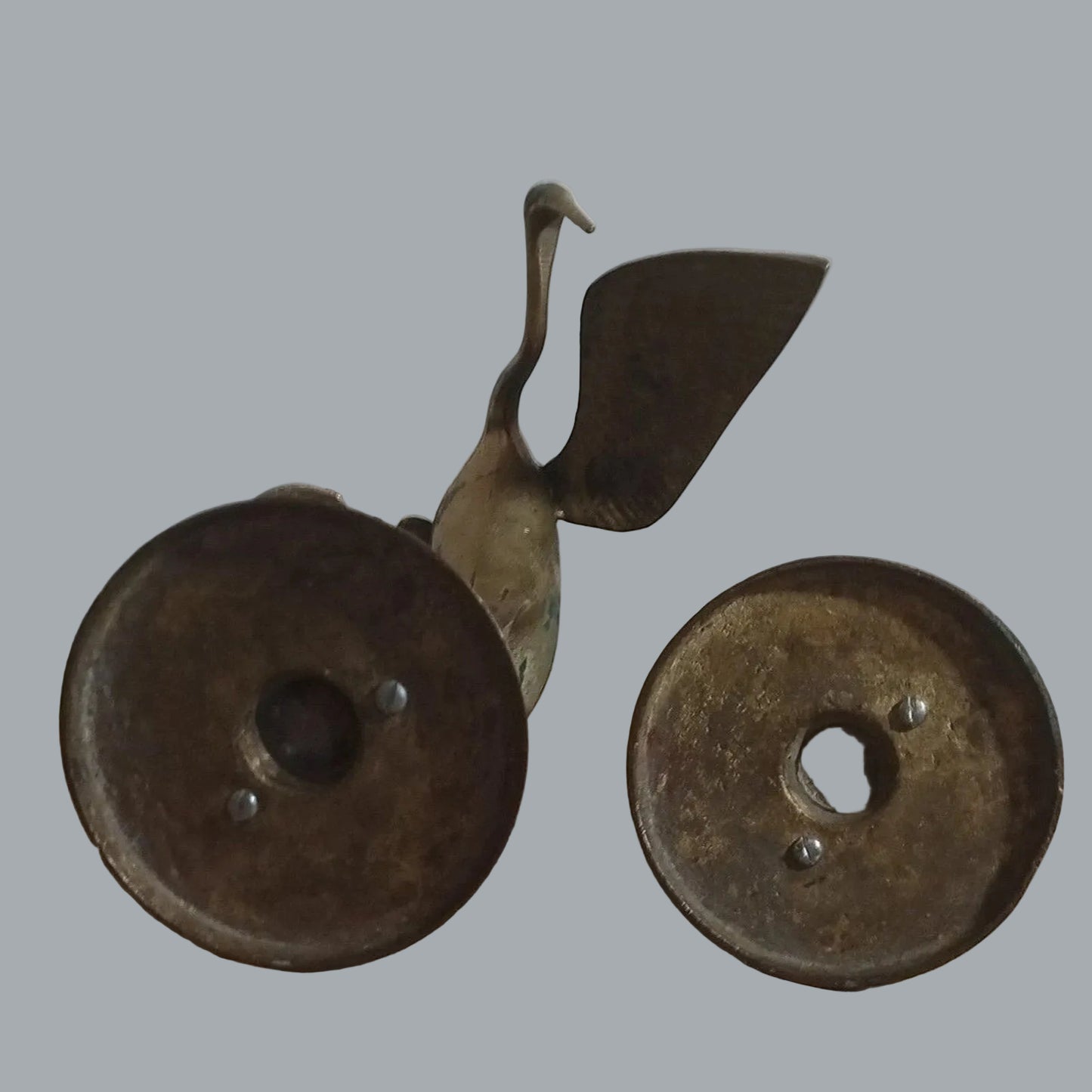 Vintage MCM Solid Brass Crane Heron Statue Pair 12.5" 7" Verdigris Patina