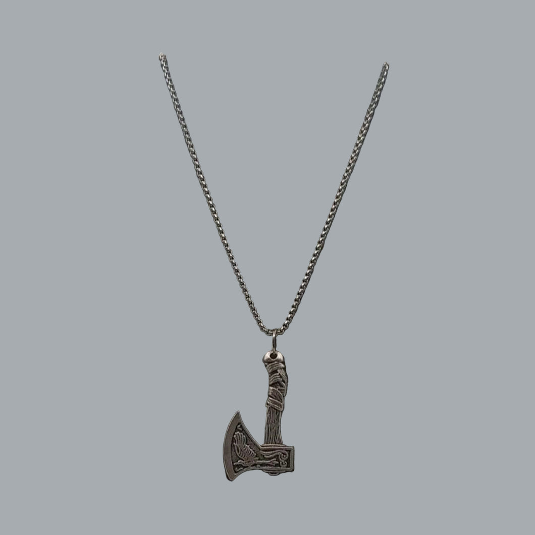 Viking Necklace Wolf Axe Celtic Pendant Nordic Amulet Silvertone 22