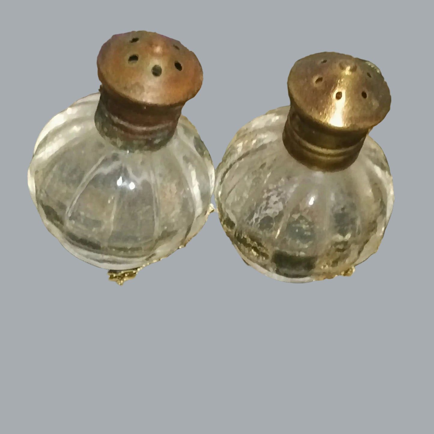 Vintage Mini Glass Salt Pepper Shakers Brass Tops Ribbed 1.5 x 1 in