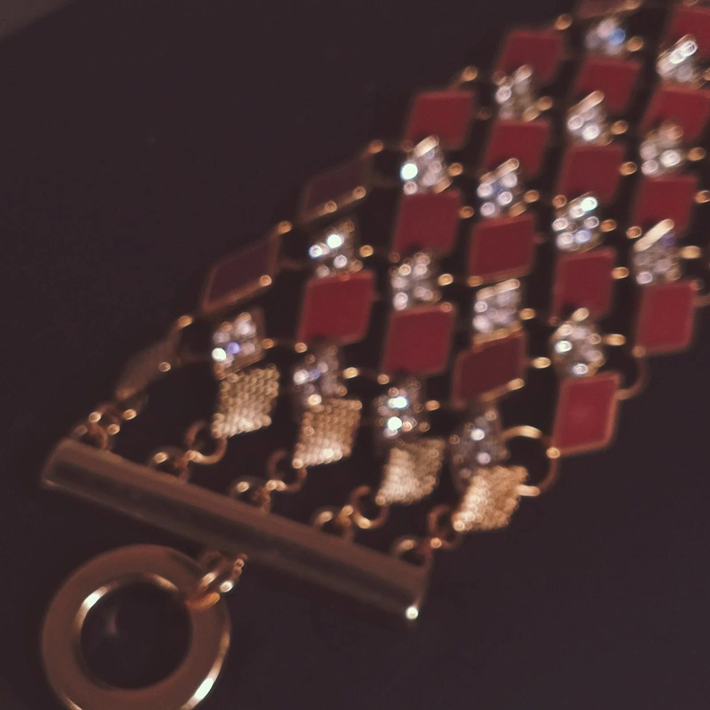 Red Enamel & Rhinestone Gold Tone Art Deco Link Bracelet Wrap Style