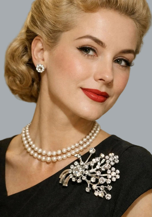 Vintage Rhinestone Floral Spray Brooch Silver Tone 2.25 x 1.75 in