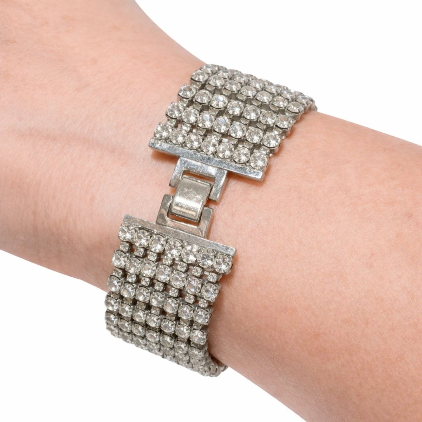 Vintage 7-Row Rhinestone Bracelet Silver Tone Box Clasp 6.5” x 1”