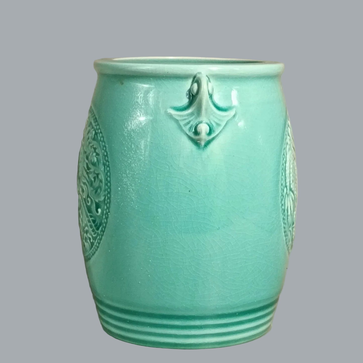 Vintage Celadon Dragon Phoenix Vase Crackle Glaze 5" Turquoise