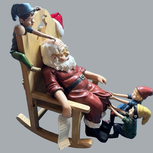 2002 Musical Snoozing Santa Rocking Chair Figurine w/ Elves Christmas Decor