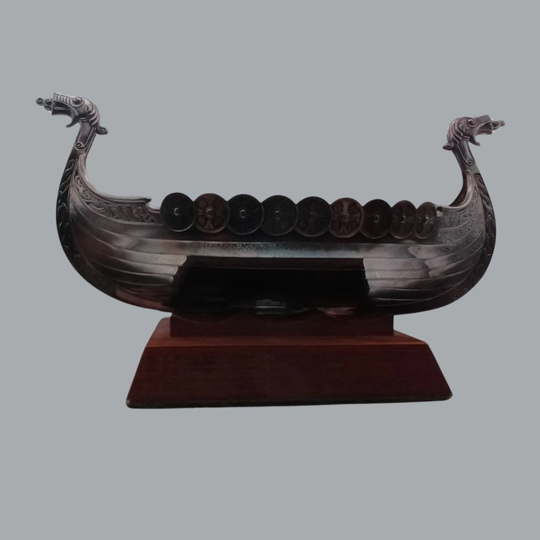 10.5-inch Metal Viking Longboat Sitting on a Sturdy Wooden base