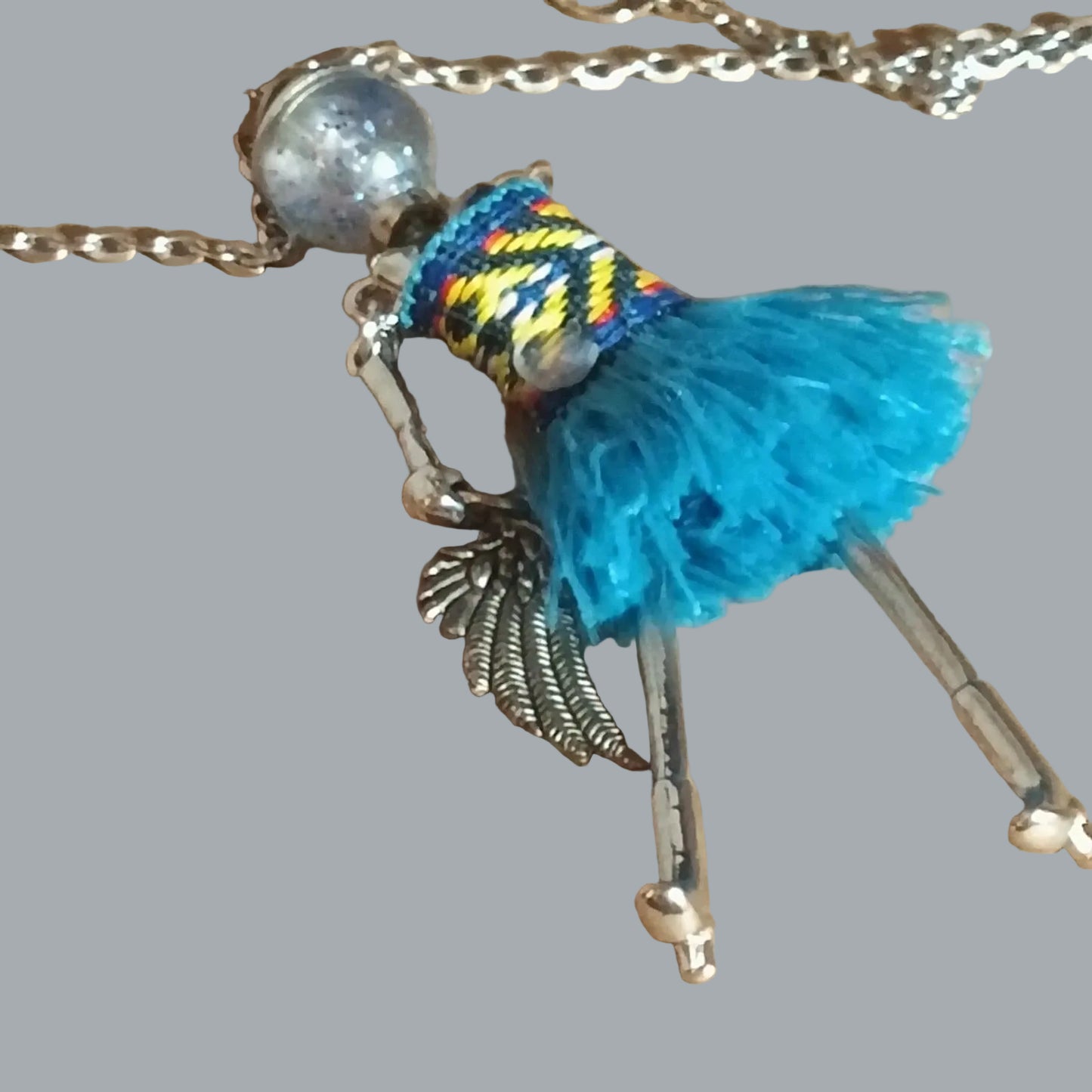 Boho Doll Pendant Necklace 28" Silvertone Chain Turquoise Fringe 4.5"