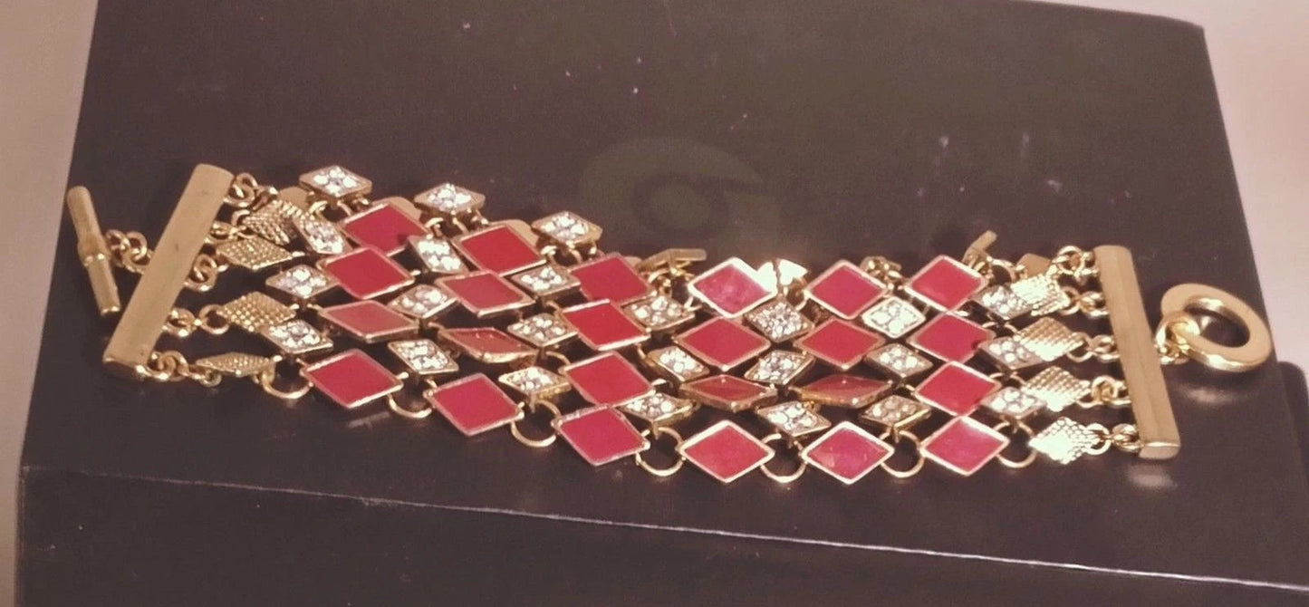 Red Enamel & Rhinestone Gold Tone Art Deco Link Bracelet Wrap Style