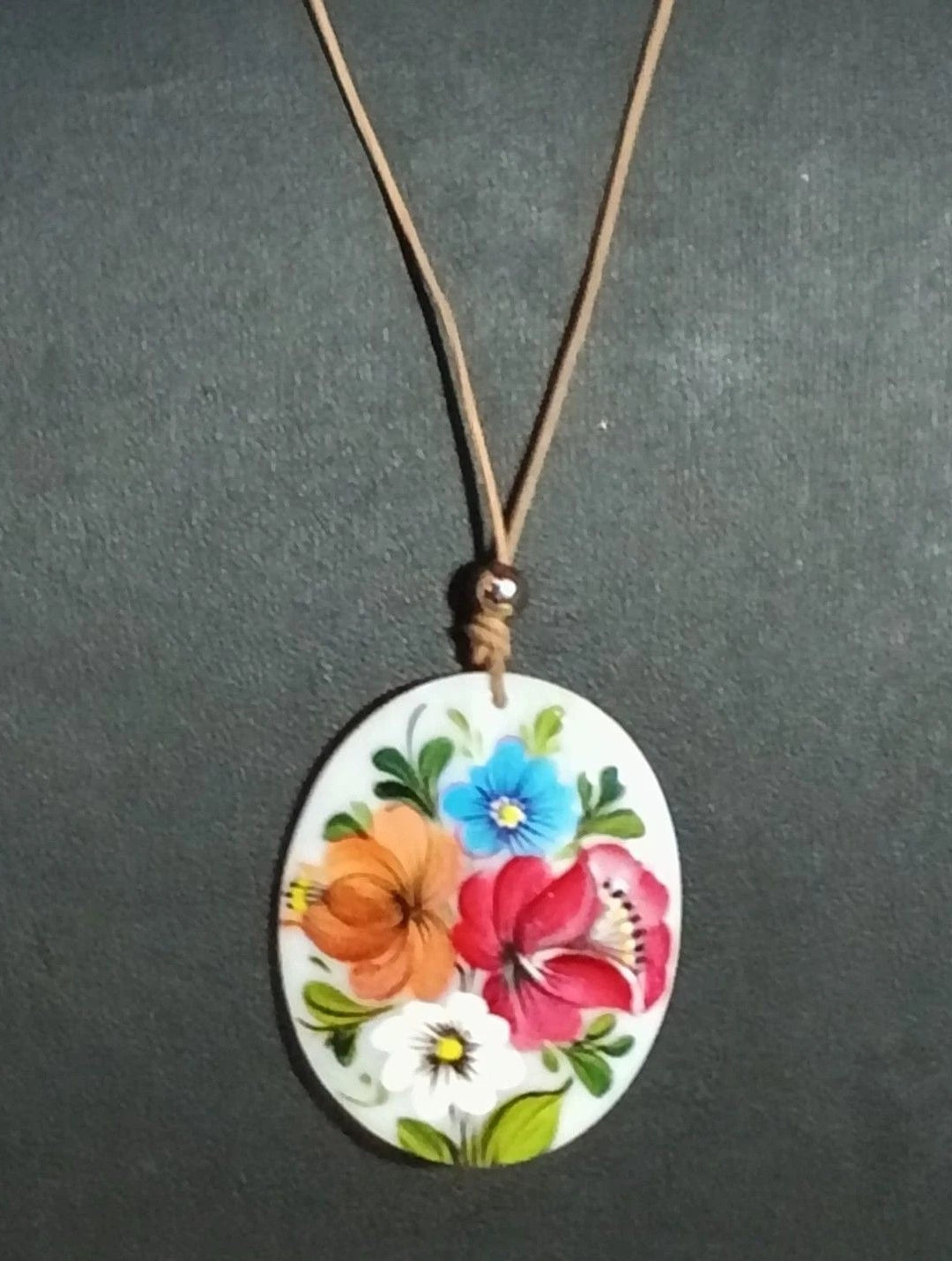 Hand Painted Mother of Pearl Floral Pendant Necklace Adjustable Cord