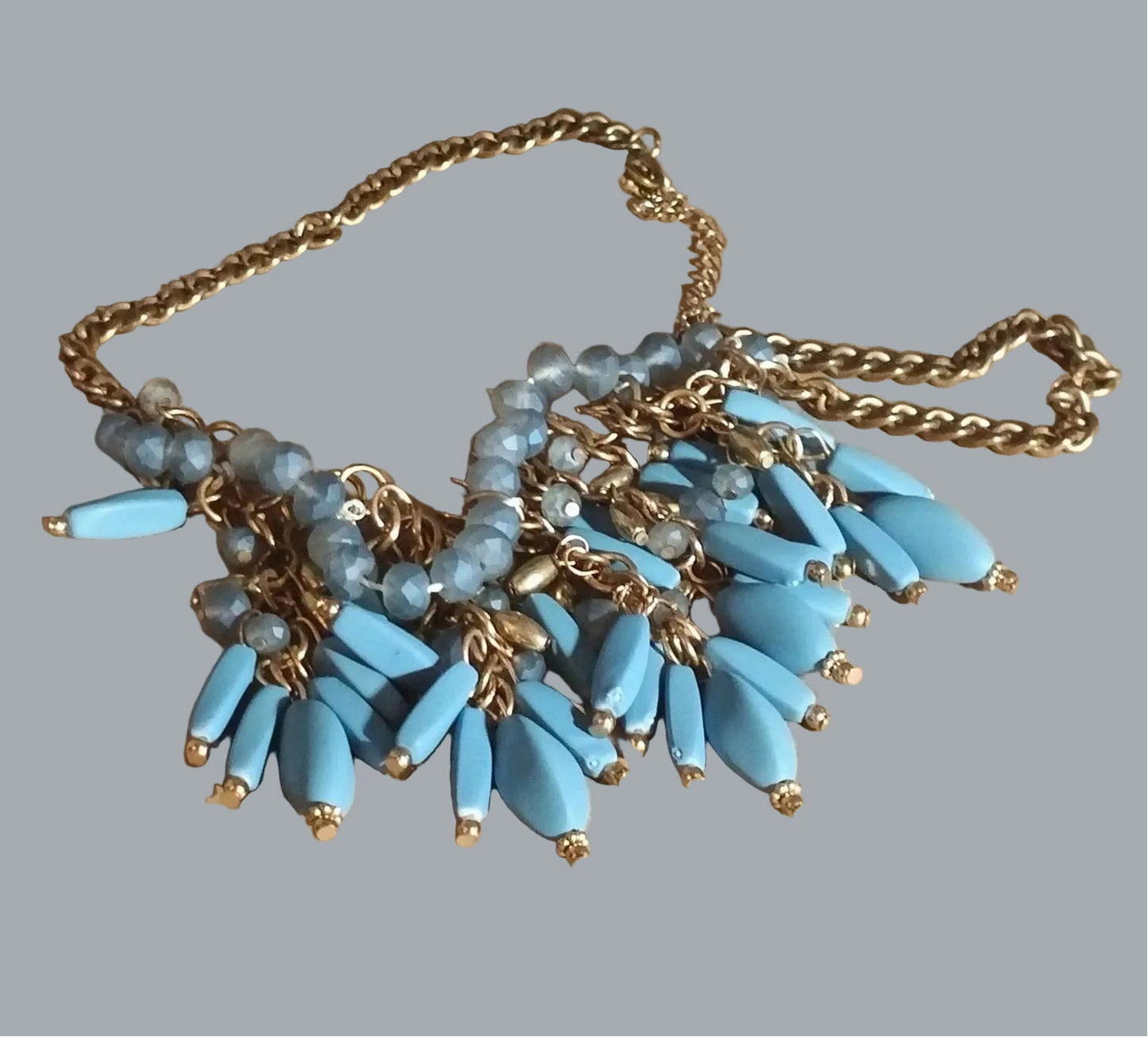 Goldtone Blue Spike Fringe Statement Necklace Gray Faceted Beads