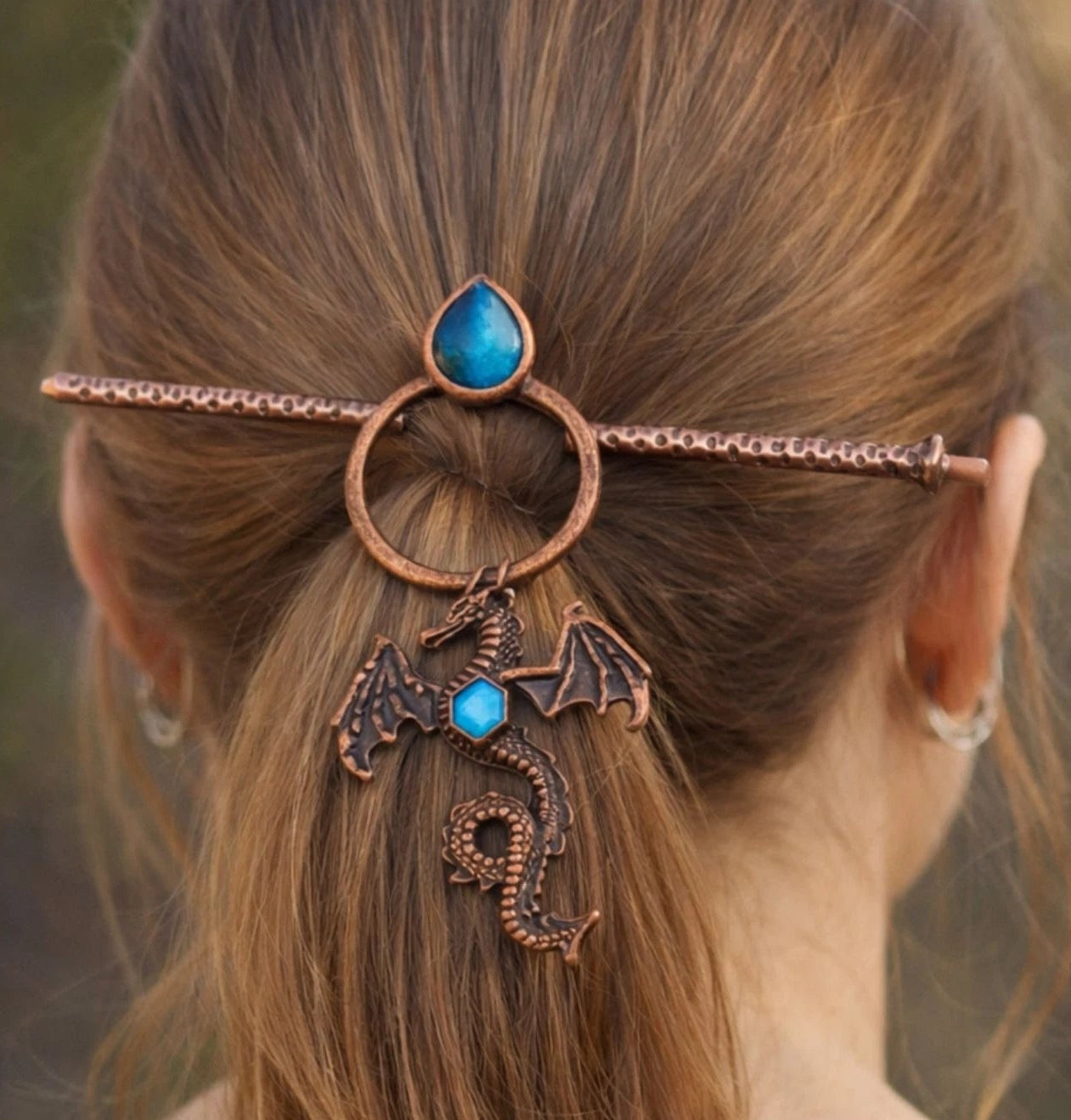 Copper Tone Dragon Hair Stick Pin Blue Stone Accent 5” Cosplay Accessory