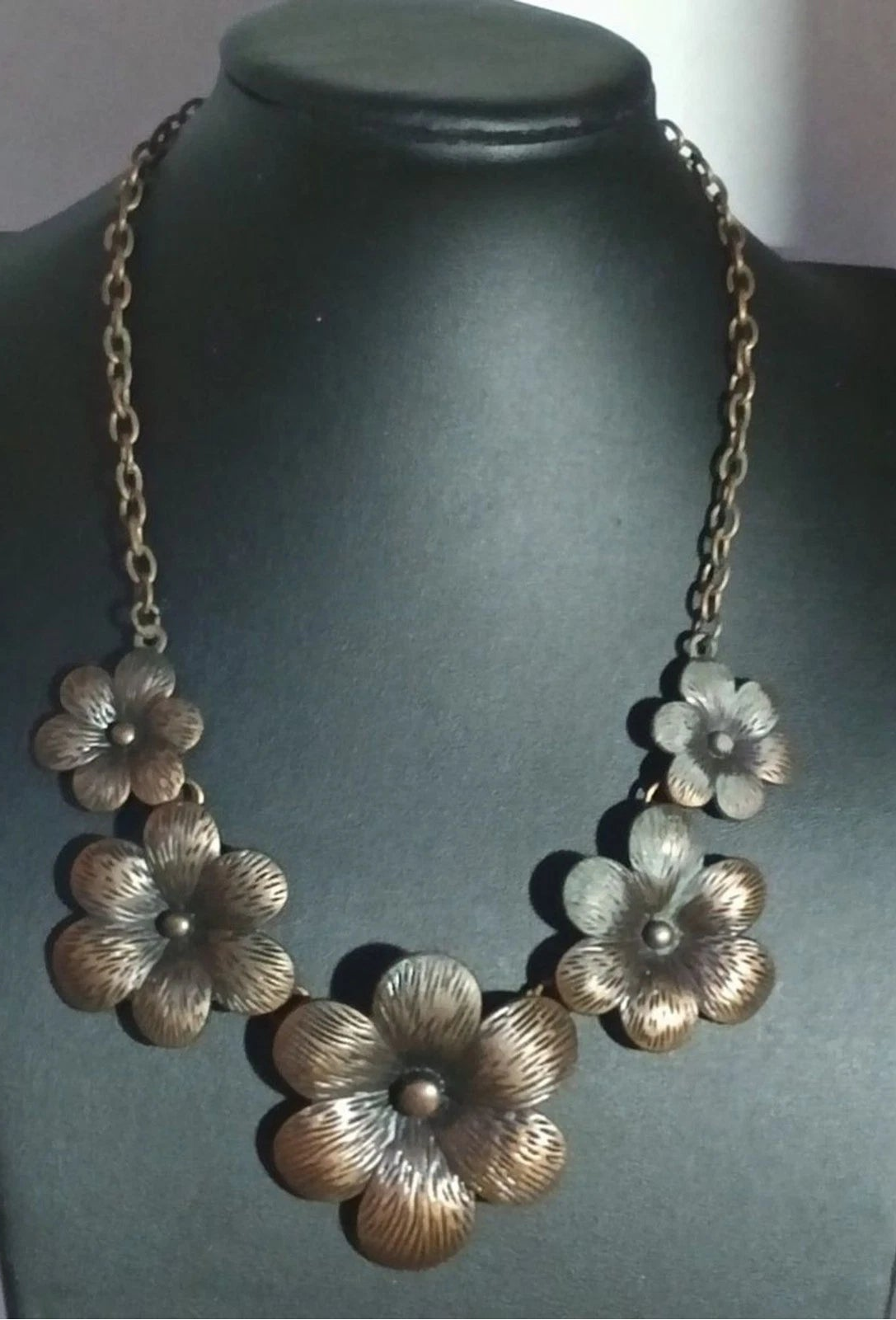 Floral Bib Necklace Metal Flower Statement Choker 12” + 3” Extender Chain