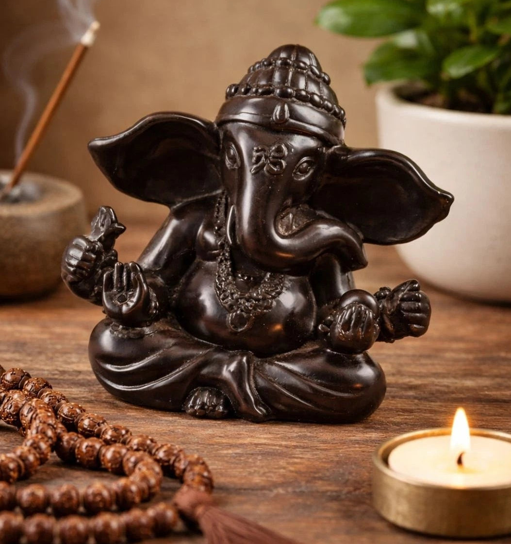 Carved Ganesha Statue Dark Resin Hindu Elephant God Figurine 5"
