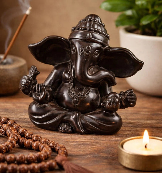 Carved Ganesha Statue Dark Resin Hindu Elephant God Figurine 5"