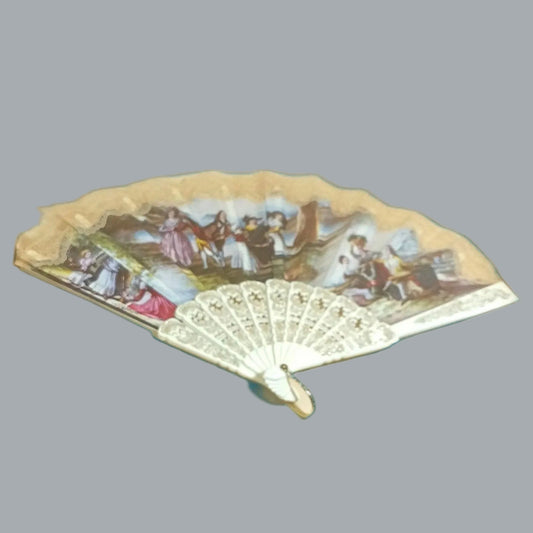 Vintage Style Lace Folding Hand Fan White & Gold Pastoral Scene 20"
