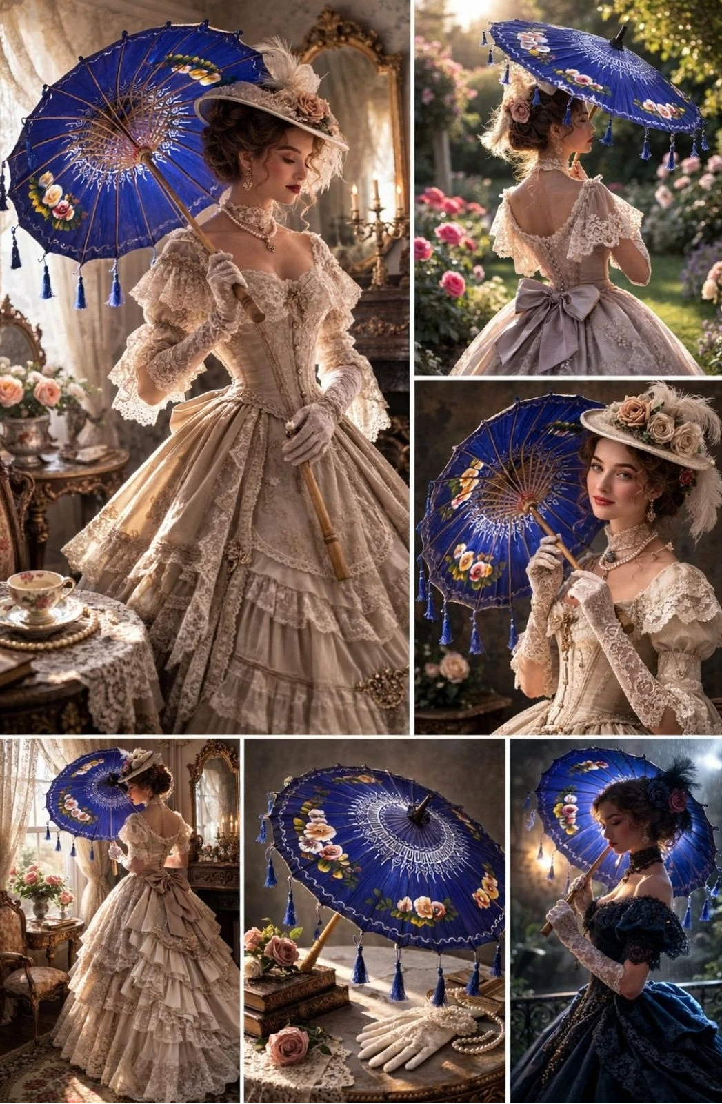 Vintage Blue Hand Painted Asian Parasol Wood Handle 25" Umbrella