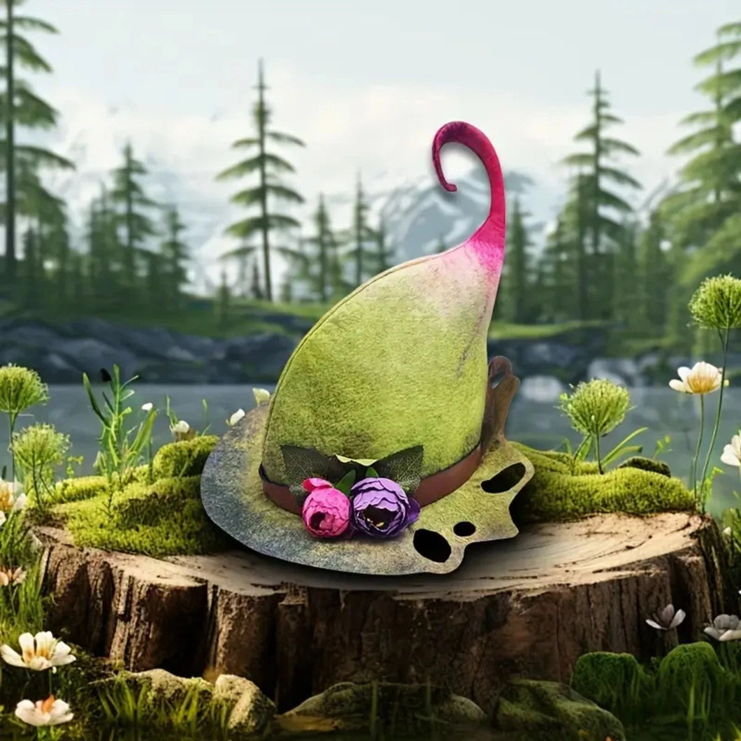 Whimsical Fantasy Green Felt Wizard Hat | Elf-Style with Pink & Floral Accents