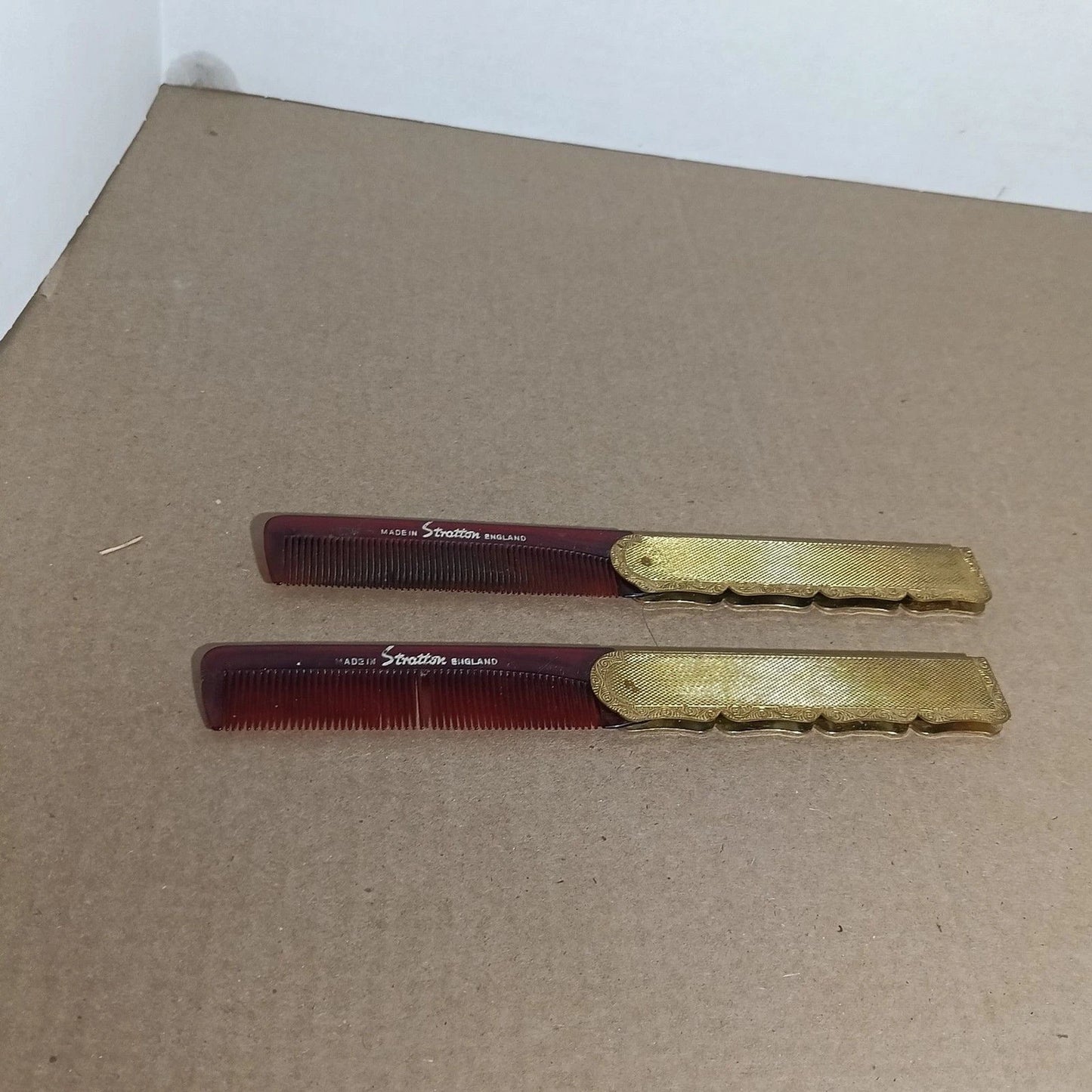 2pc Stratton England Folding Pocket Comb Set Gold-Tone Case 1 Tooth Missing