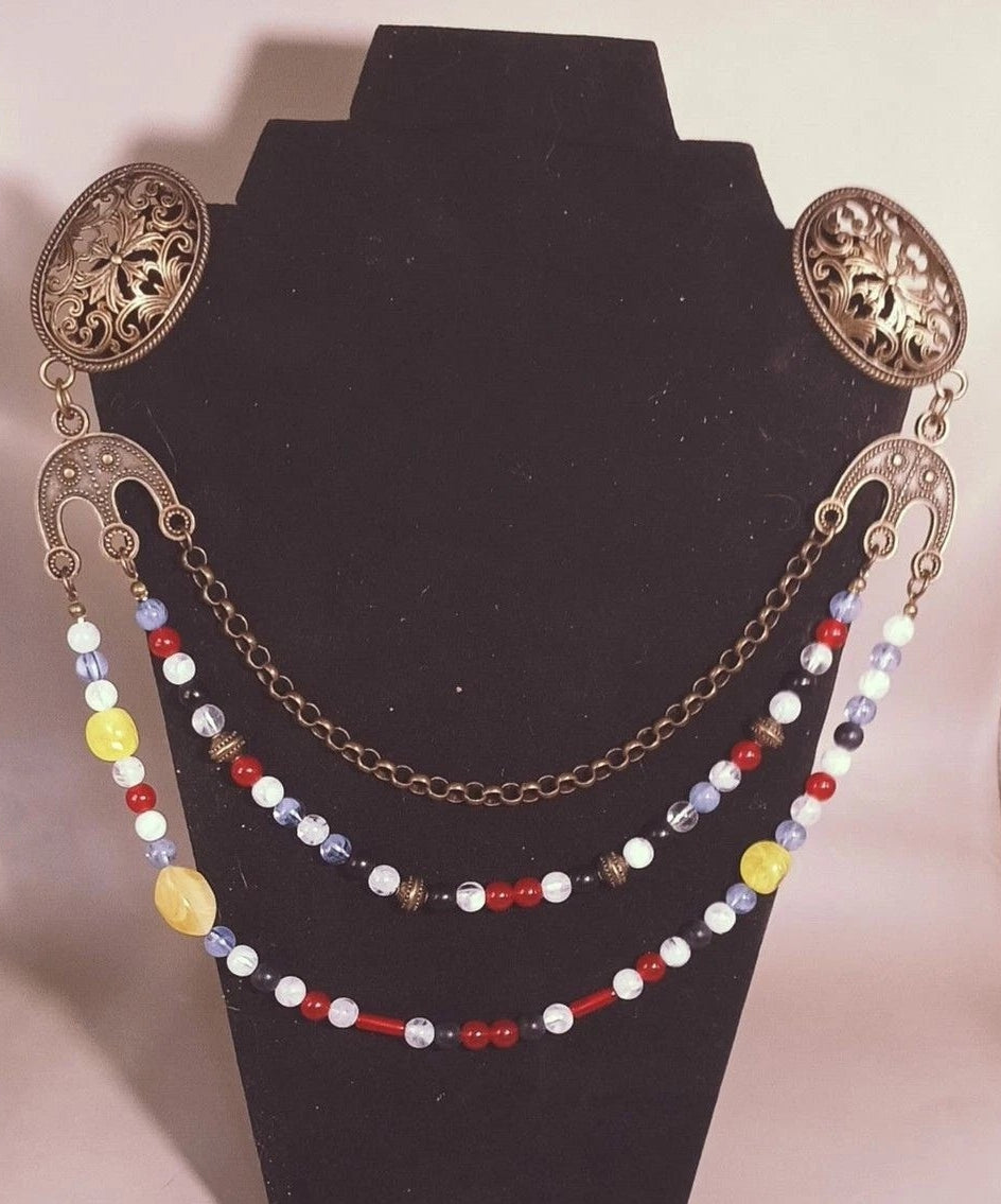 Viking Oval Brooch Pair w/ Chain & Beaded Drapes Cloak Pins NWT