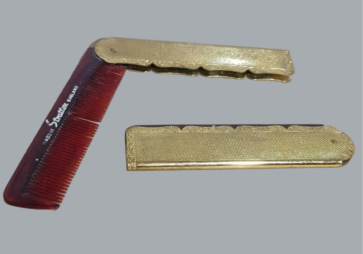 2pc Stratton England Folding Pocket Comb Set Gold-Tone Case 1 Tooth Missing