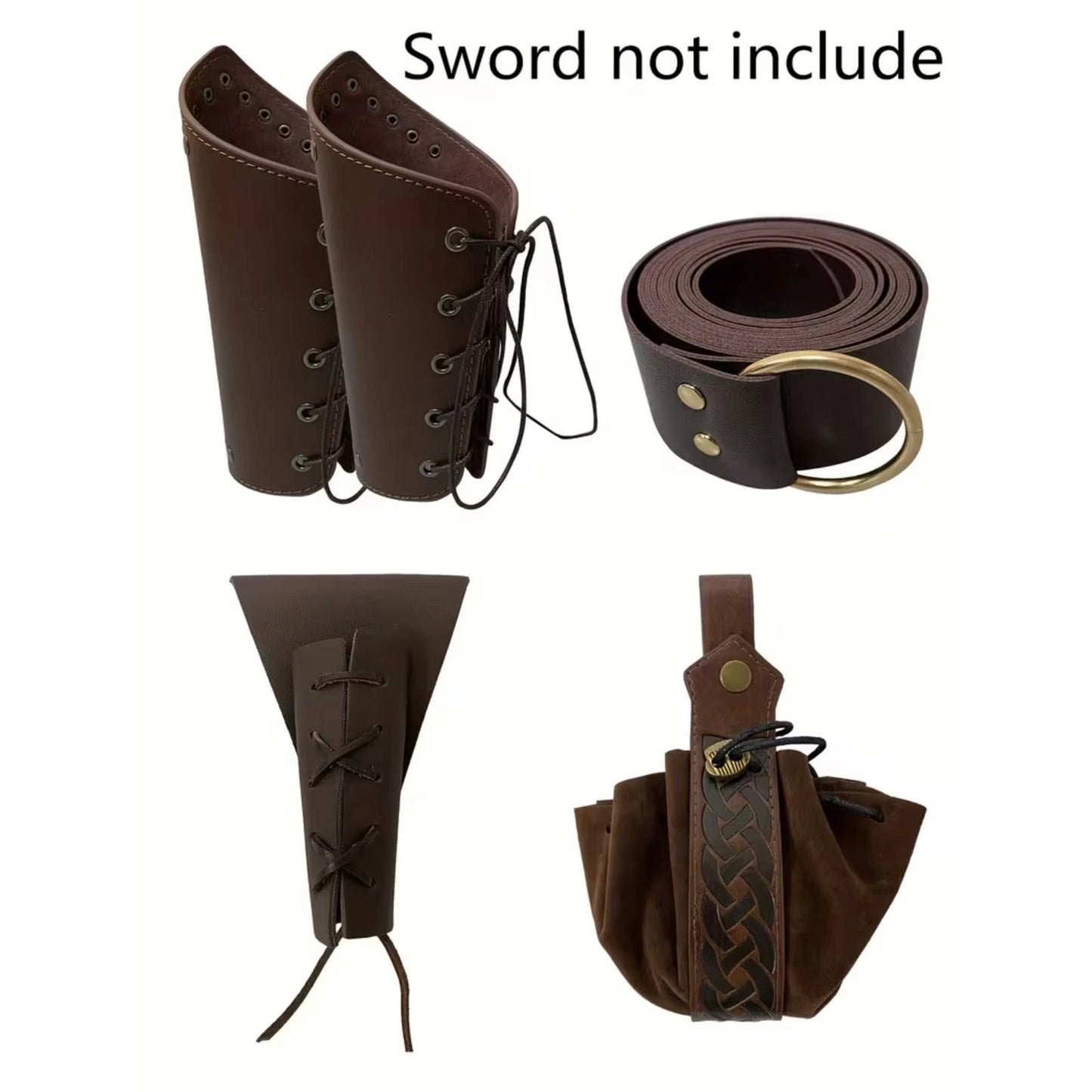 5pc Brown Faux Leather LARP Set Belt Pouch Scabbard + 2 Bracers NWT