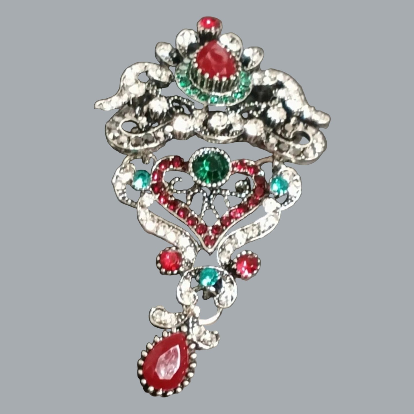 Vintage Filigree Brooch – Silver-Plated with Red, Green & Clear Rhinestones