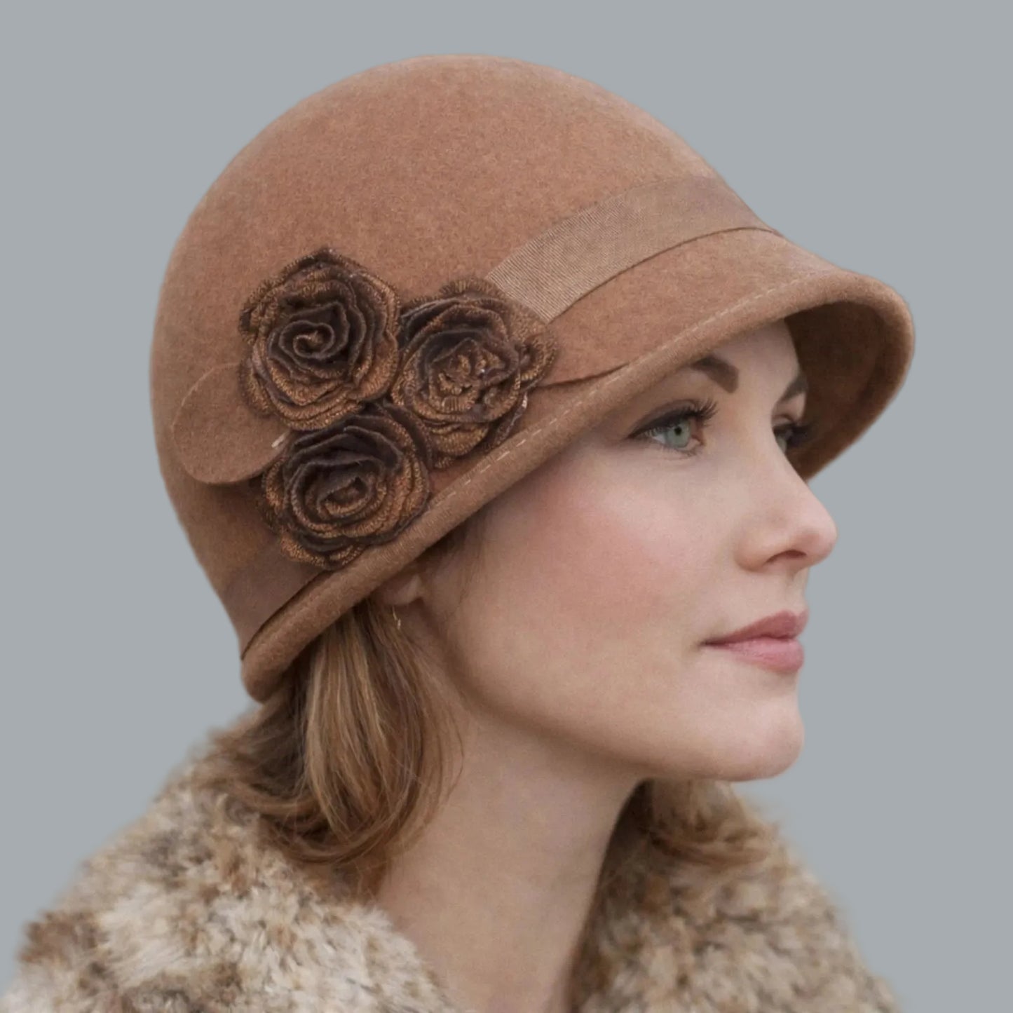 Nine West Brown Wool Felt Cloche Hat w/ Rosette Trim One Size