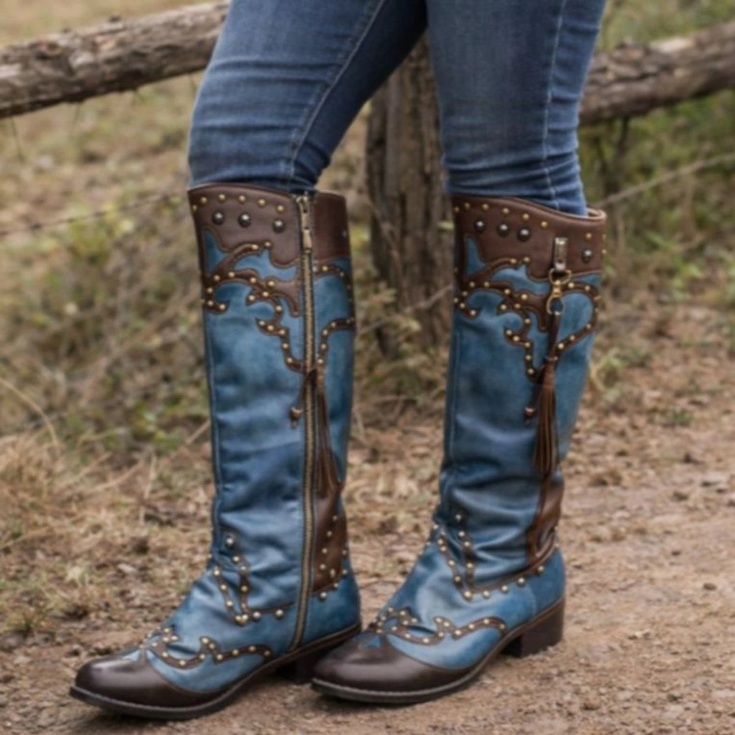 Washed Blue Western Knee High Boots Studded Tassel Mid Heel Size 41Women's US 10