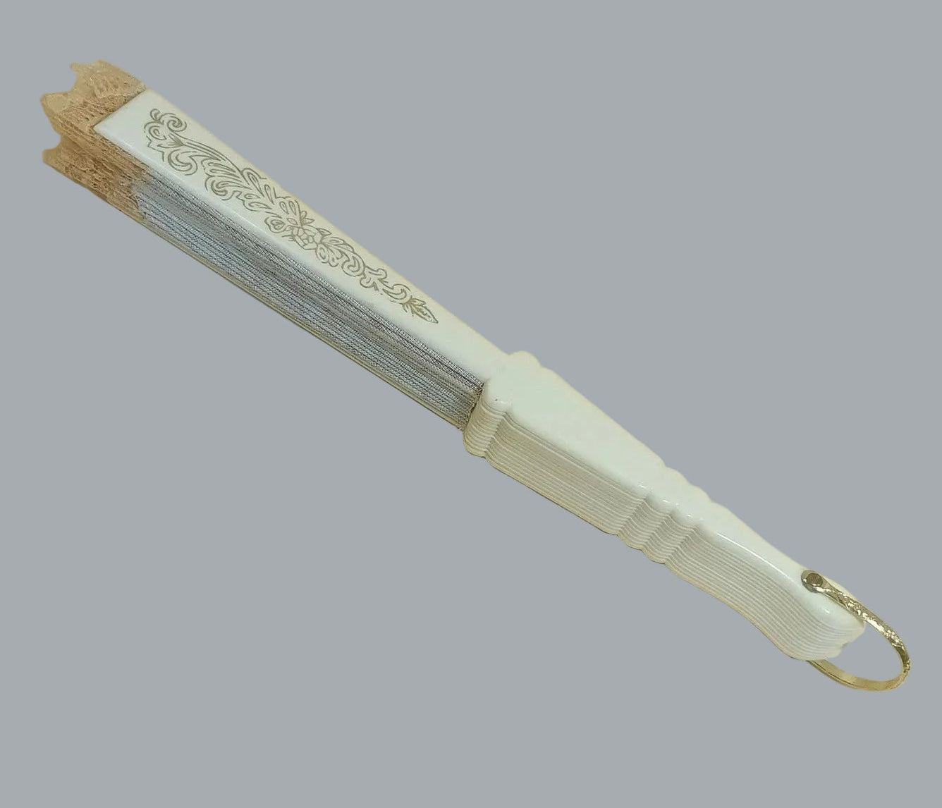 Vintage Style Lace Folding Hand Fan White & Gold Pastoral Scene 20"