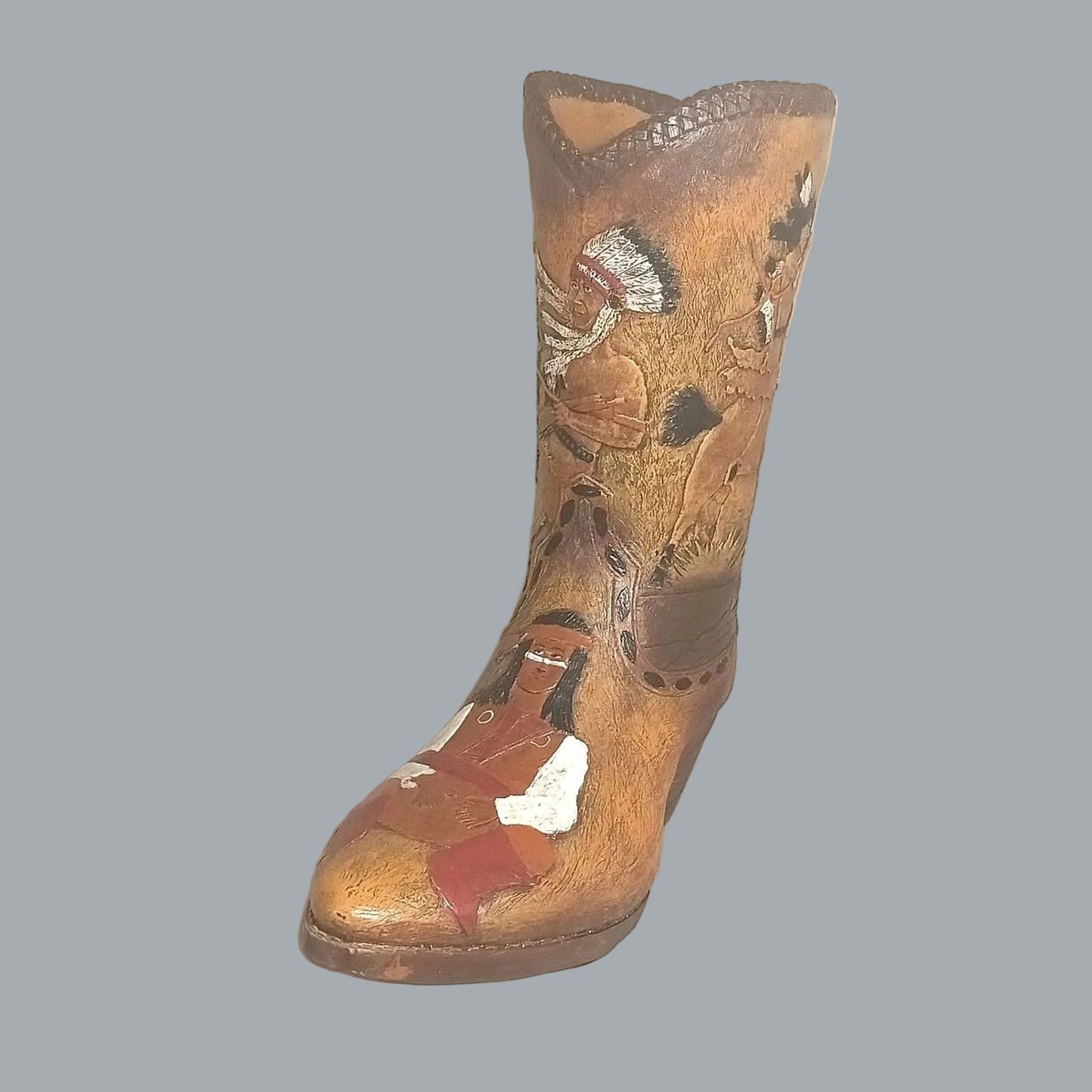 Western Cowboy Boot Vase Holder Native Rider Scene 9.5" Decor