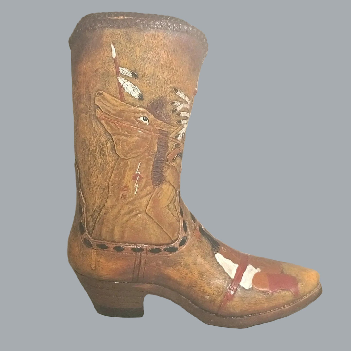 Western Cowboy Boot Vase Holder Native Rider Scene 9.5" Decor