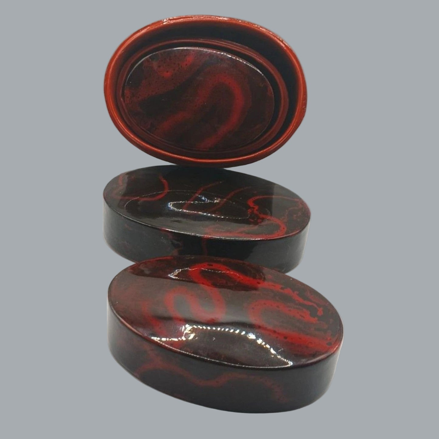 Vintage Japanese Lacquer Nesting Boxes Set - 6", 5", 4" Red & Black Marbled Jars