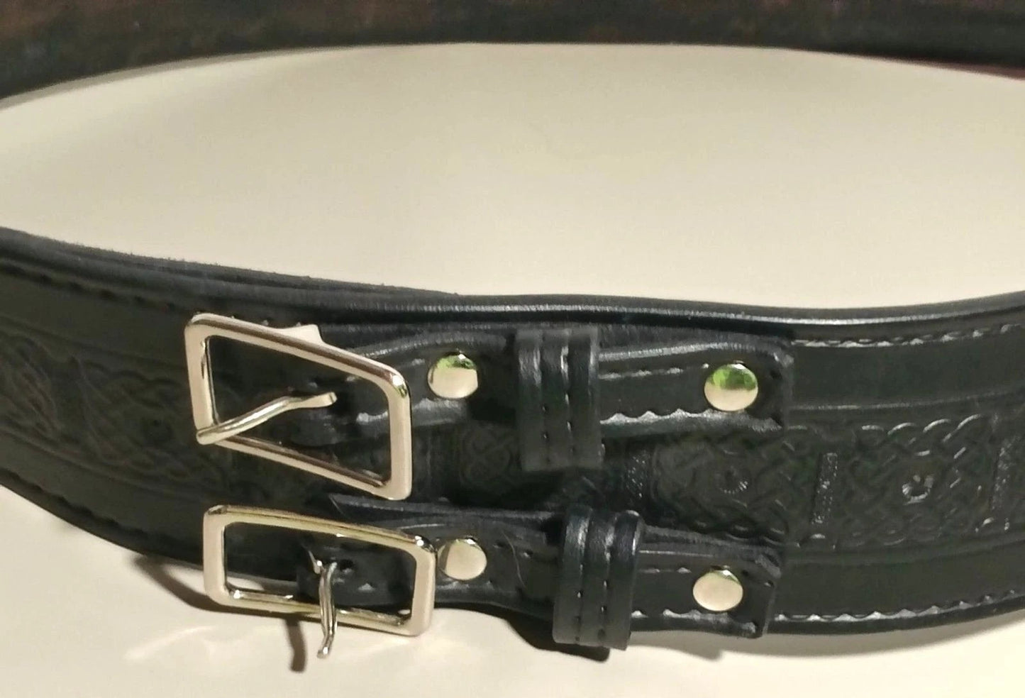 Holy Heck USA Full Grain Leather Double Buckle Kilt Belt 2.5" Celtic 39-44"waist