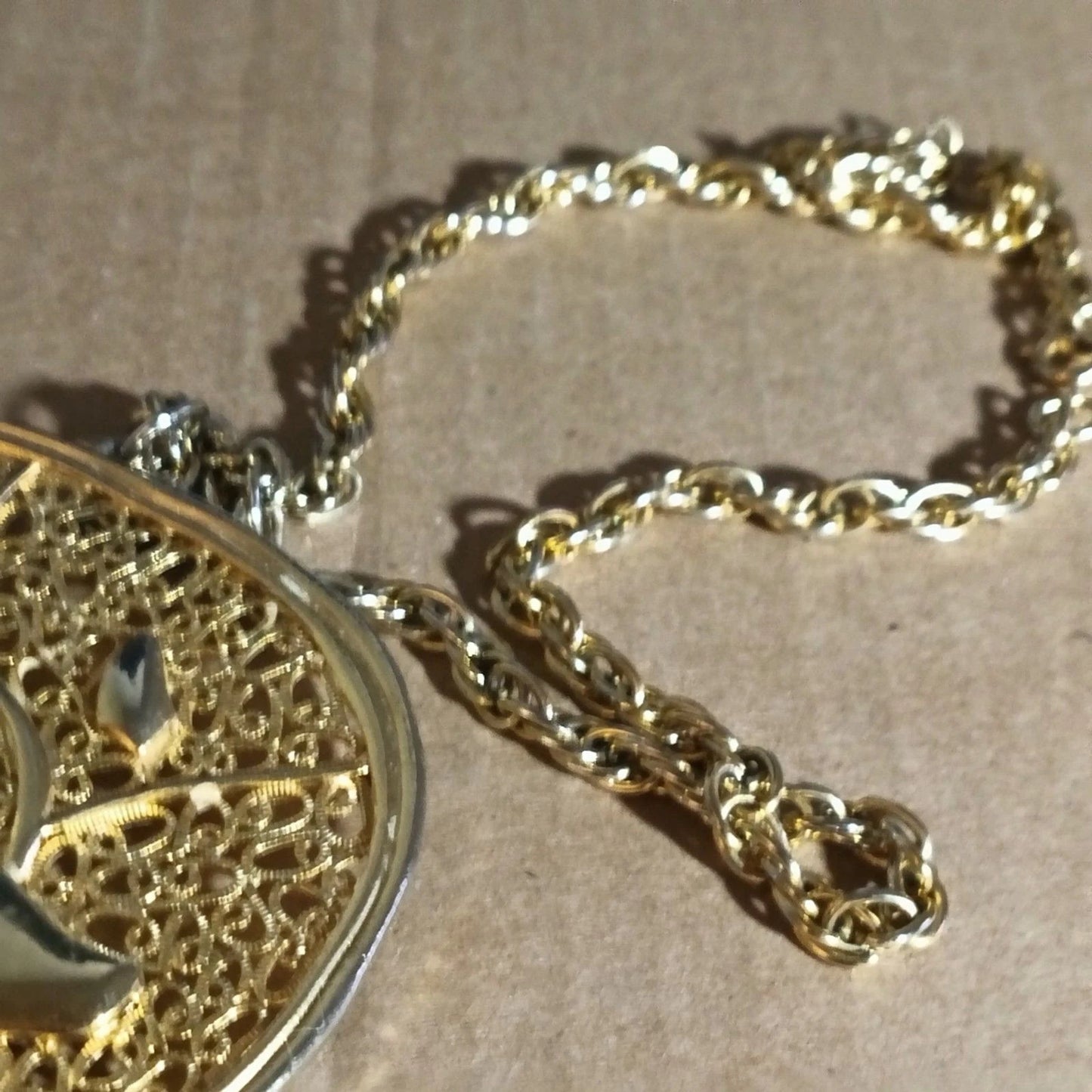 Vintage Goldtone Abstract Filigree Pendant Necklace 18” Large Oval