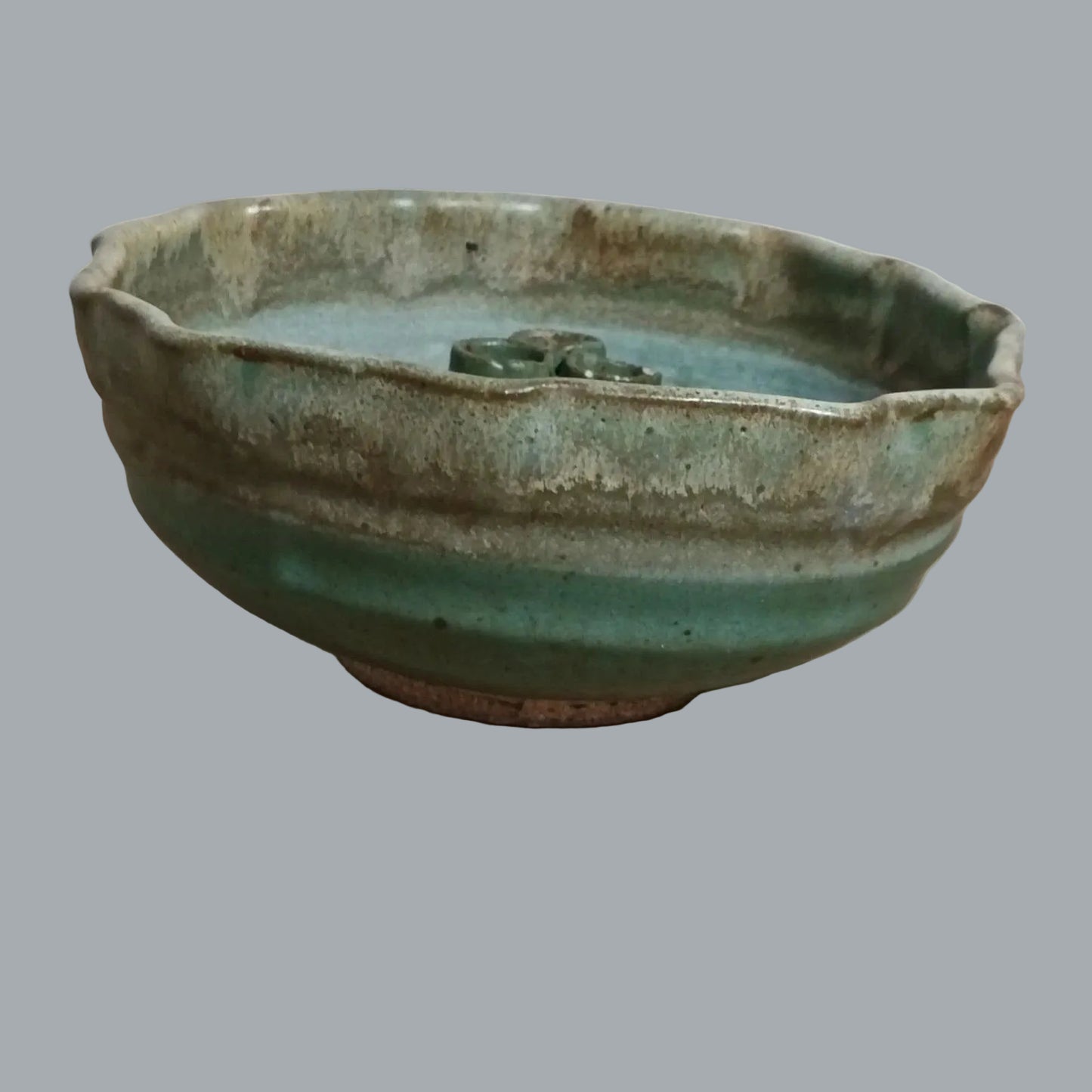 Studio Pottery Ikebana Flower Bowl Vase w/ 3 Tube Frog Green Blue Glaze