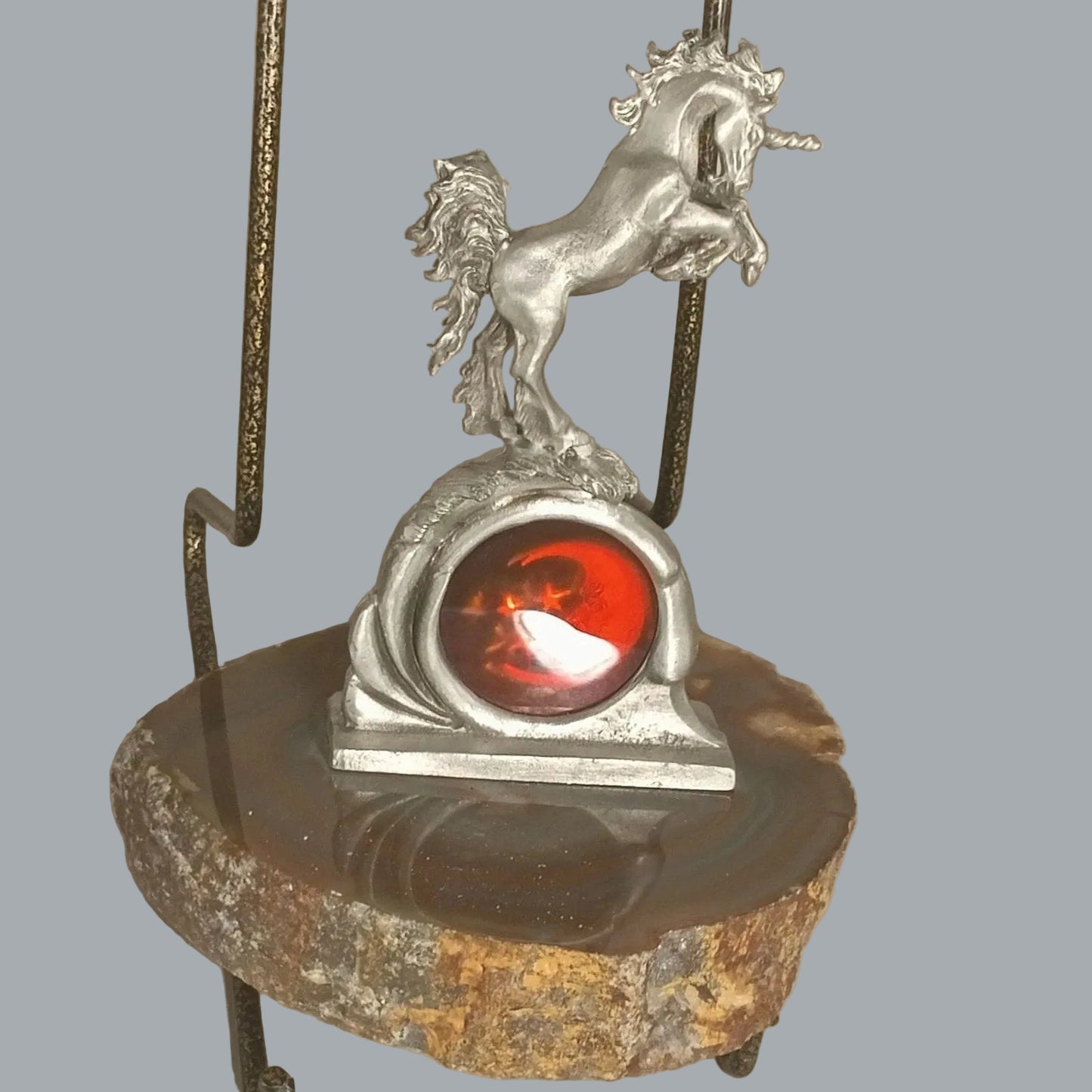 Greg Neeley Pewter Unicorn on Agate Slice Moon & Stars Hologram #4492